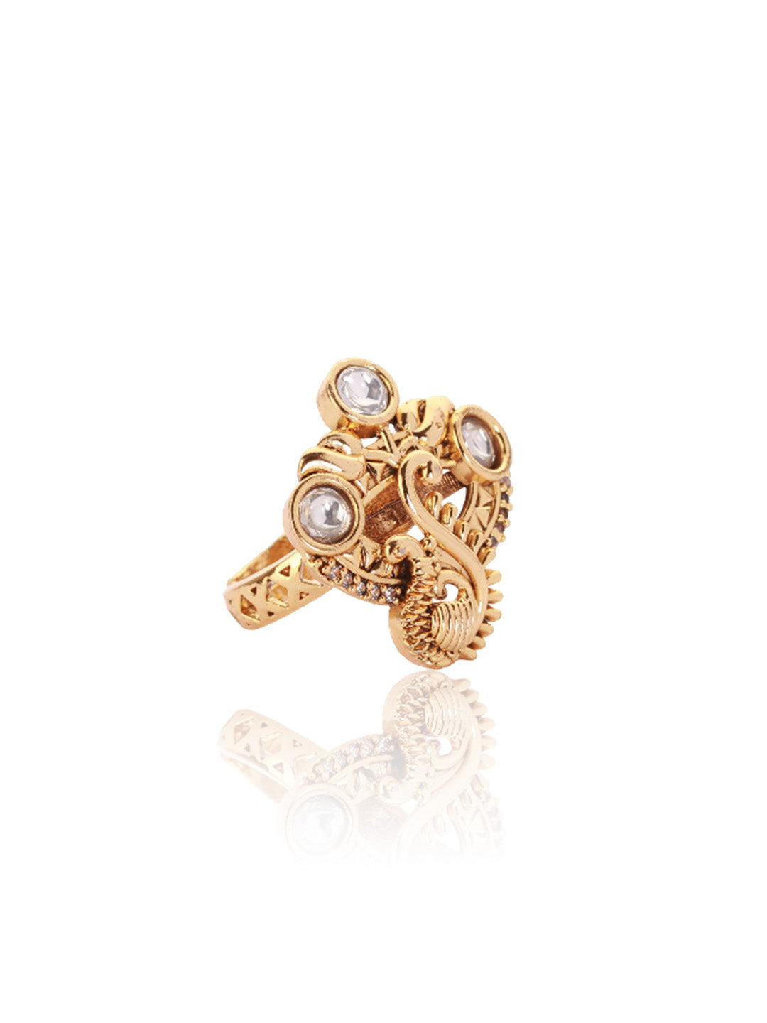 Itrani Ira Antique Floral Ring – Clear Polki Stone Adjustable Brass Ring for Festive Wear