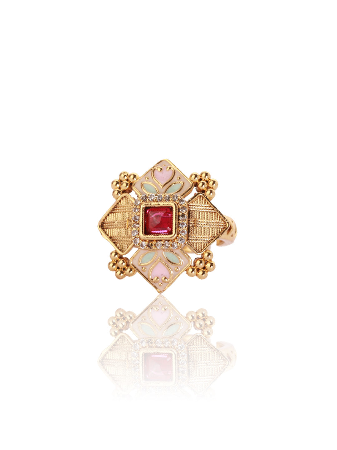 Itrani Gulbahaar Rani Enamel Ring – Adjustable Antique Brass Ring with Meenakari Detailing