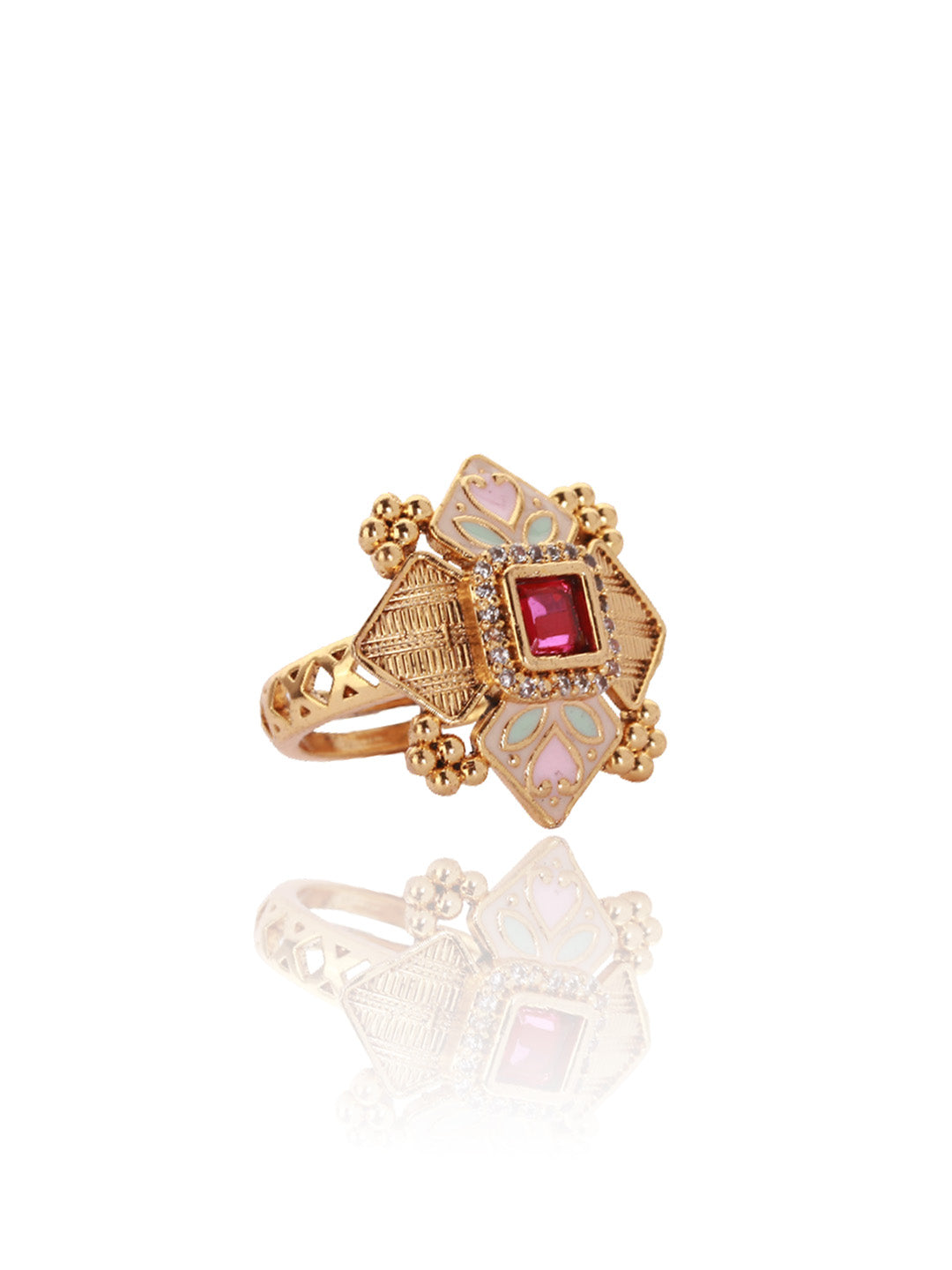 Itrani Gulbahaar Rani Enamel Ring – Adjustable Antique Brass Ring with Meenakari Detailing