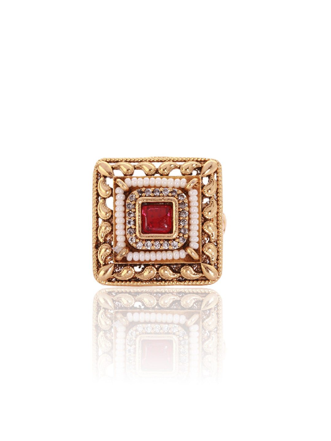 Itrani Aarohi Square Heritage Ring – Red Stone Adjustable Statement Ring in Antique Gold