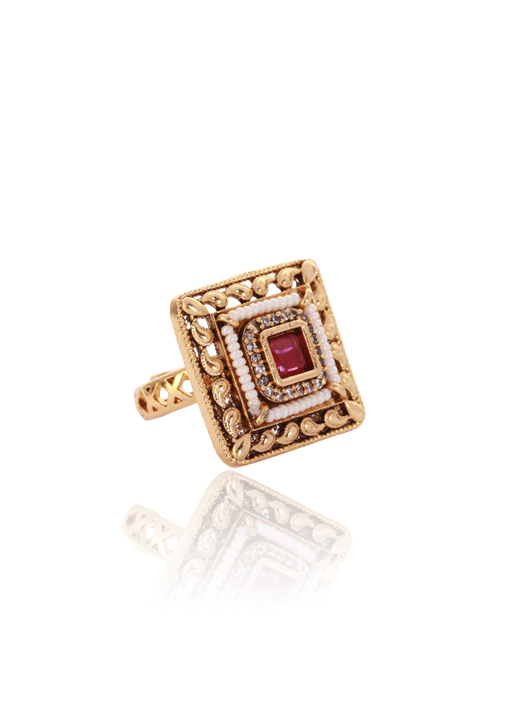 Itrani Aarohi Square Heritage Ring – Red Stone Adjustable Statement Ring in Antique Gold