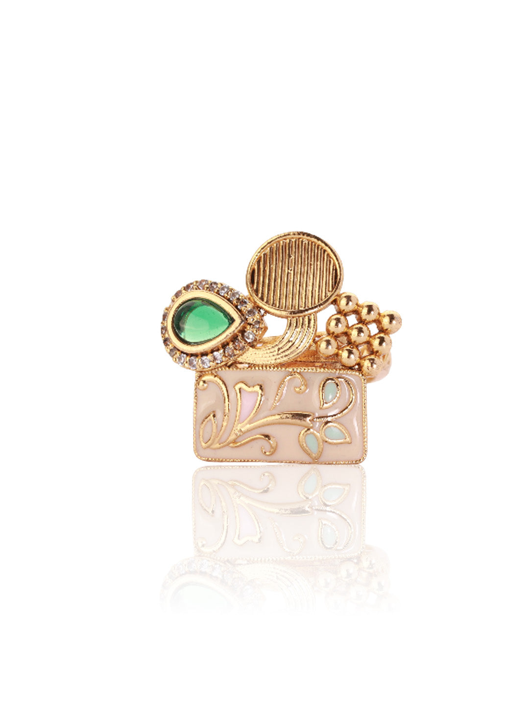 Itrani Meher Enamel Art Ring – Pastel Pink & Green Statement Brass Ring for Festive Wear