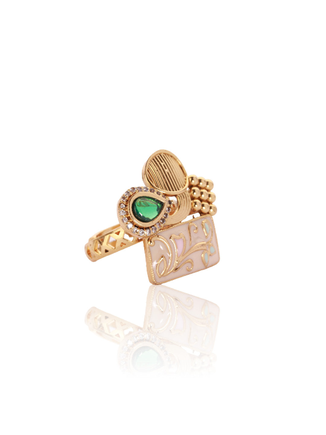 Itrani Meher Enamel Art Ring – Pastel Pink & Green Statement Brass Ring for Festive Wear