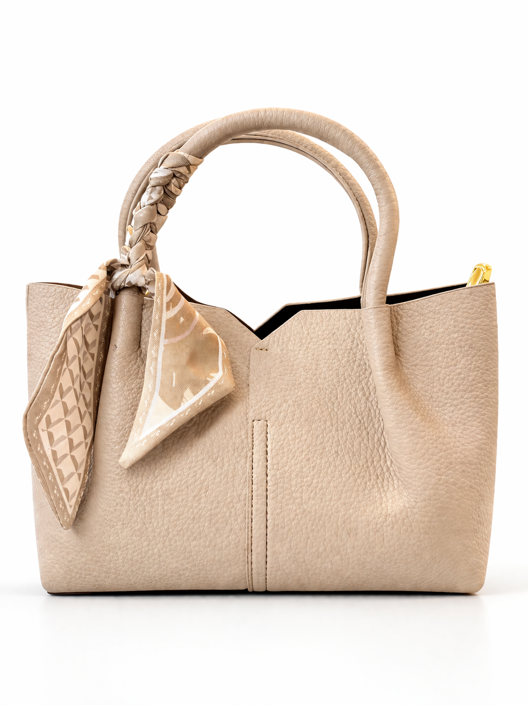 Beige Luxe Leather Tote Bag with Scarf Accent