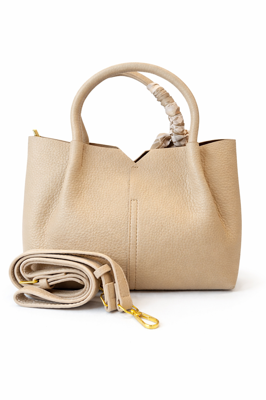 Beige Luxe Leather Tote Bag with Scarf Accent