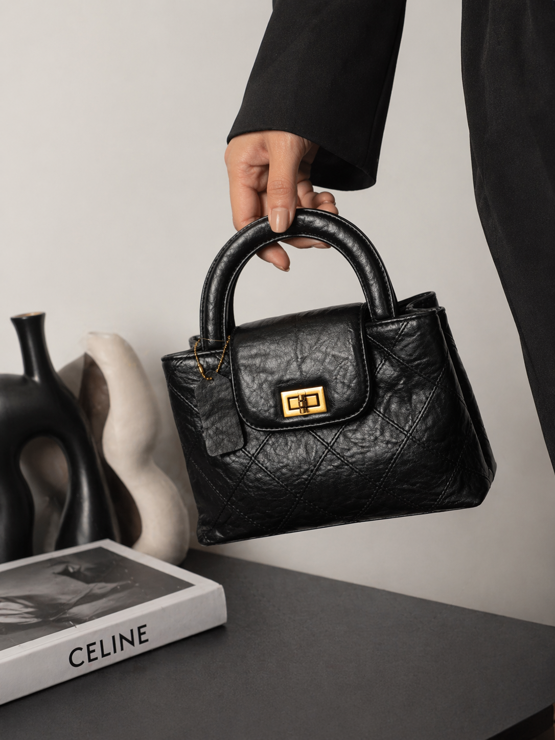 Luxe Noir Quilted Top Black Handle Bag