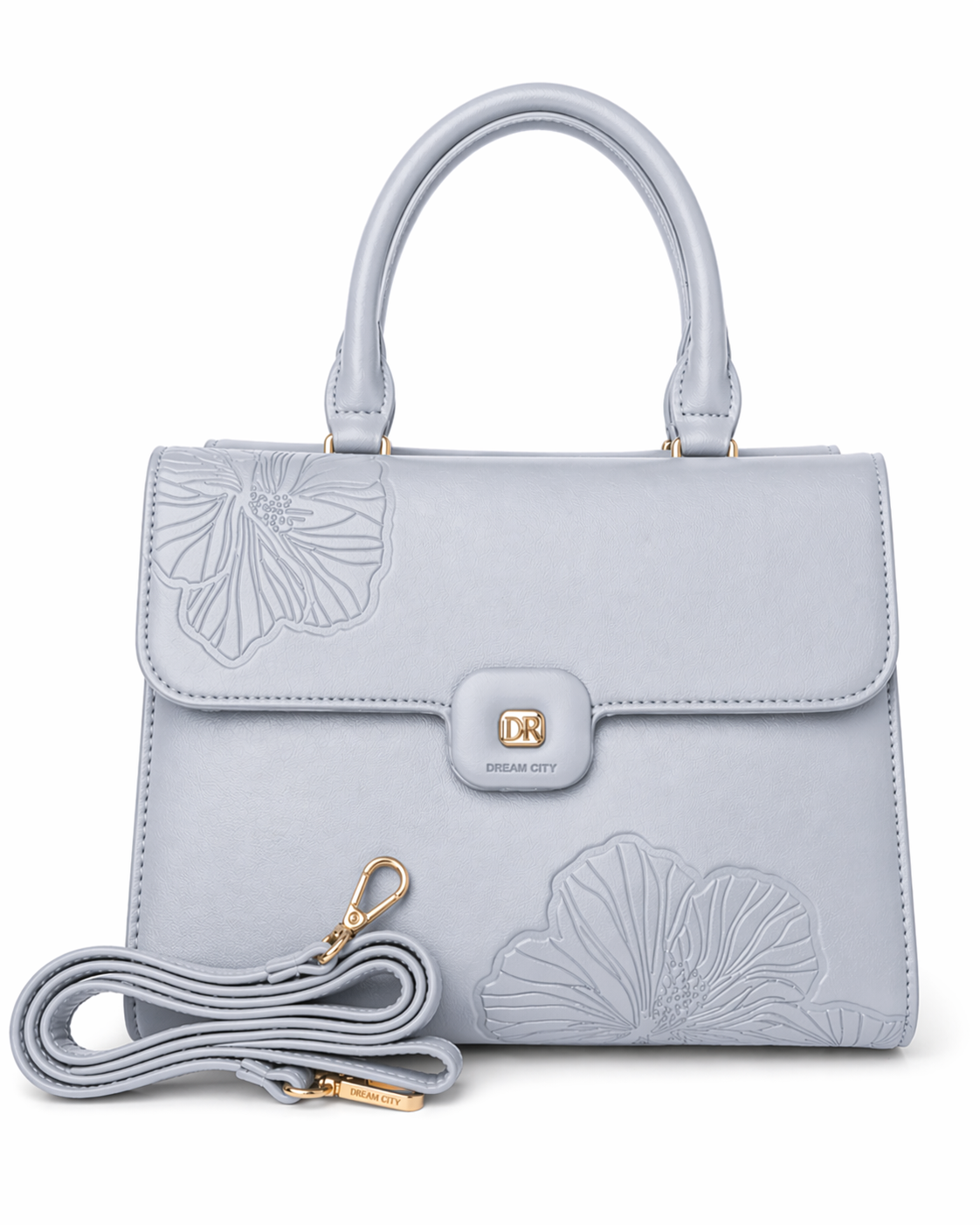 Powder Blue Grey Floral Embossed Top Handle Sling Bag for Women