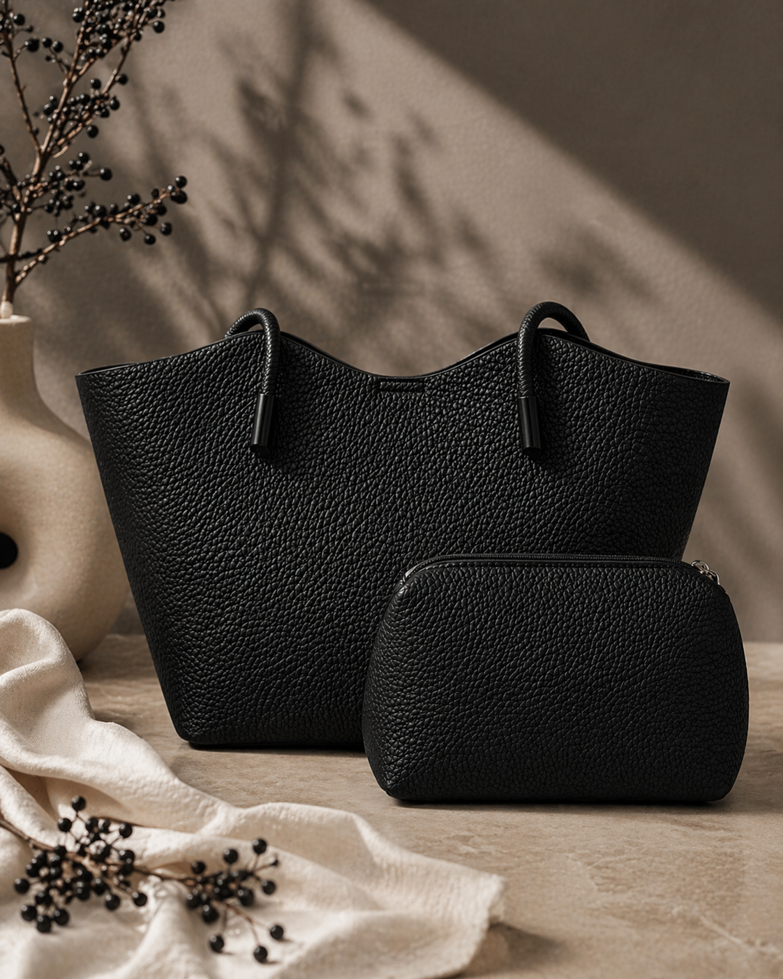 Classic Black Textured Tote Bag with Matching Pouch