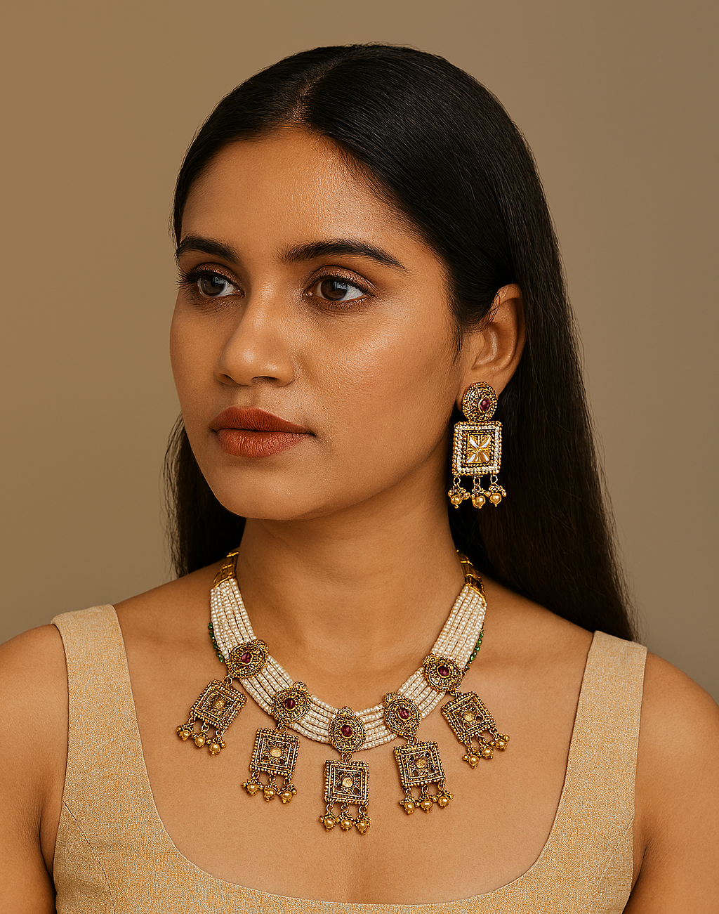 Itrani Rajwadi Heritage Rani Colour Stone Temple Necklace Set – Bridal Pearls & Brass Jewelry