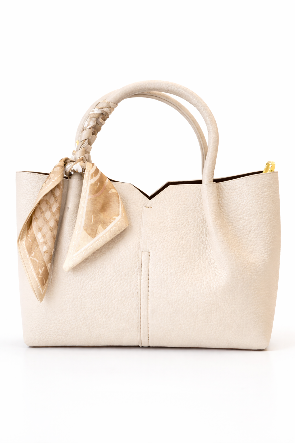 Ivory Luxe Pebbled Leather Tote Bag with Silk Scarf Detail