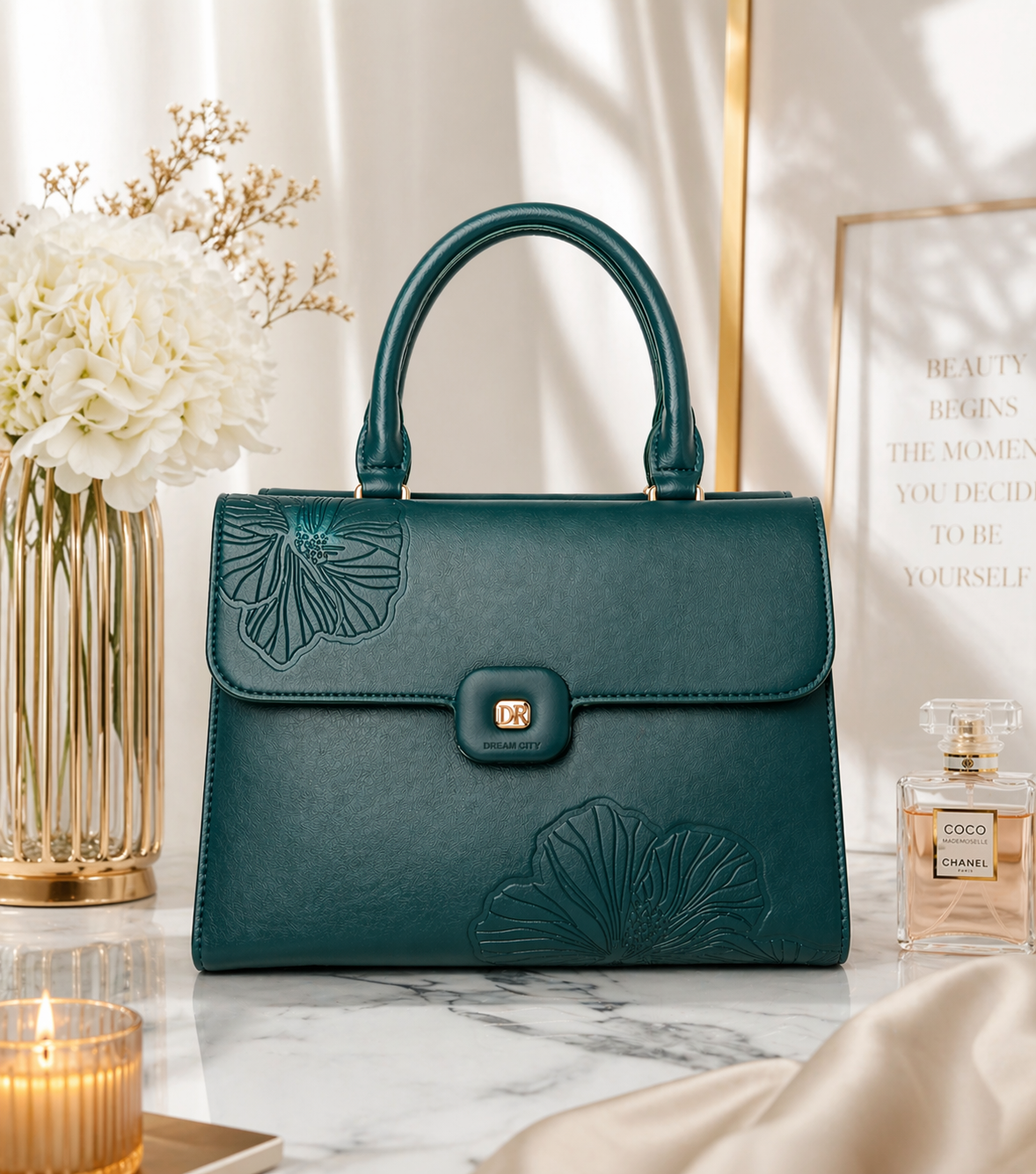 Teal Floral Embossed Top Handle Satchel Bag