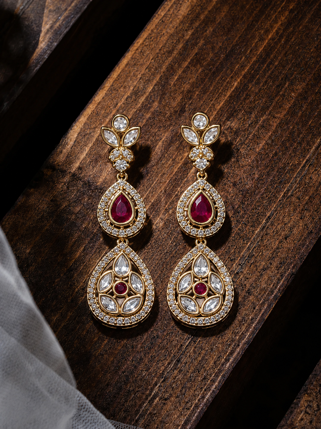 Itrani Jet Black Drop Earrings with American Diamond & Polki Detailing