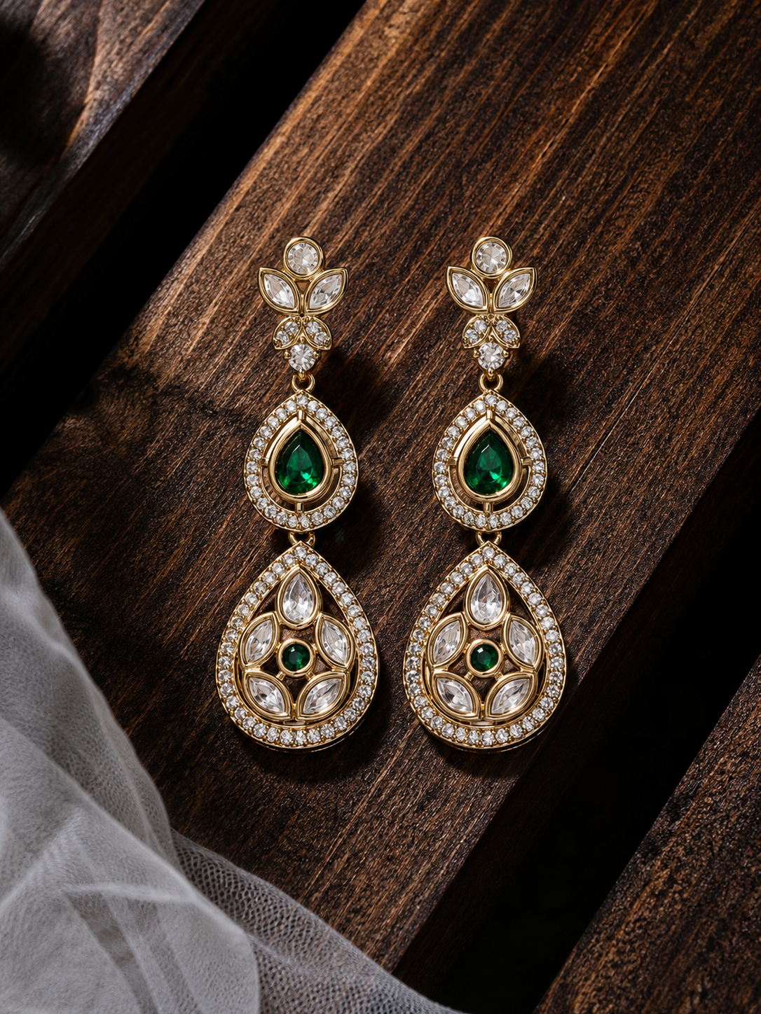 Itrani Jet Black Drop Earrings with American Diamond & Polki Detailing