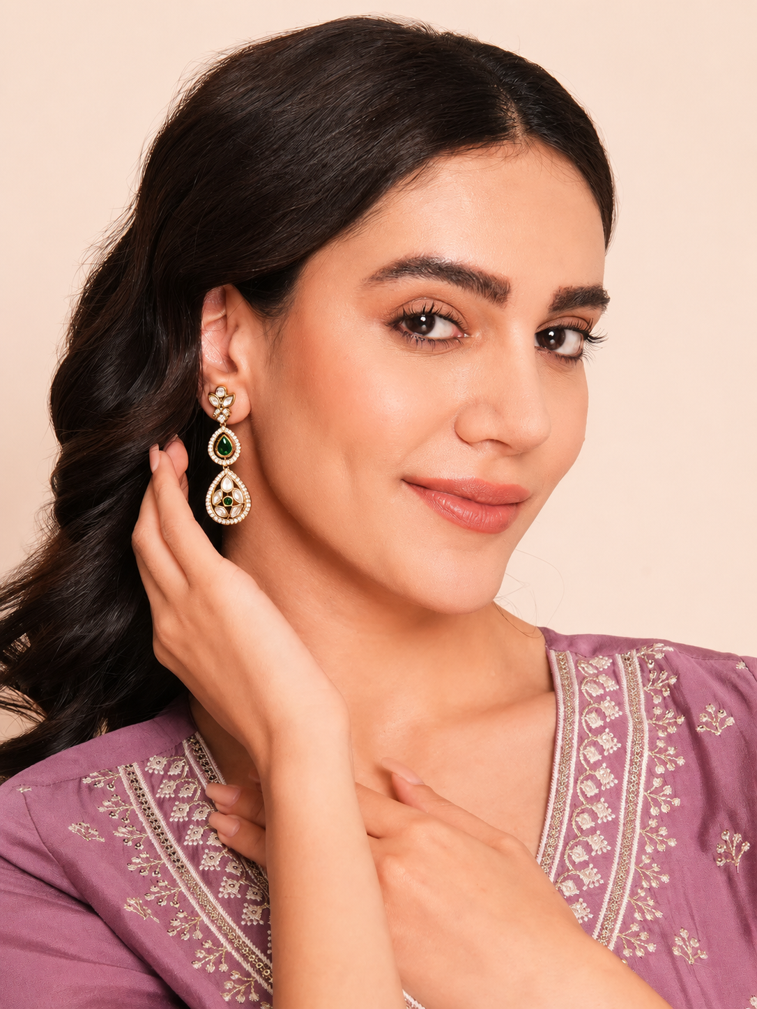 Itrani Jet Black Drop Earrings with American Diamond & Polki Detailing