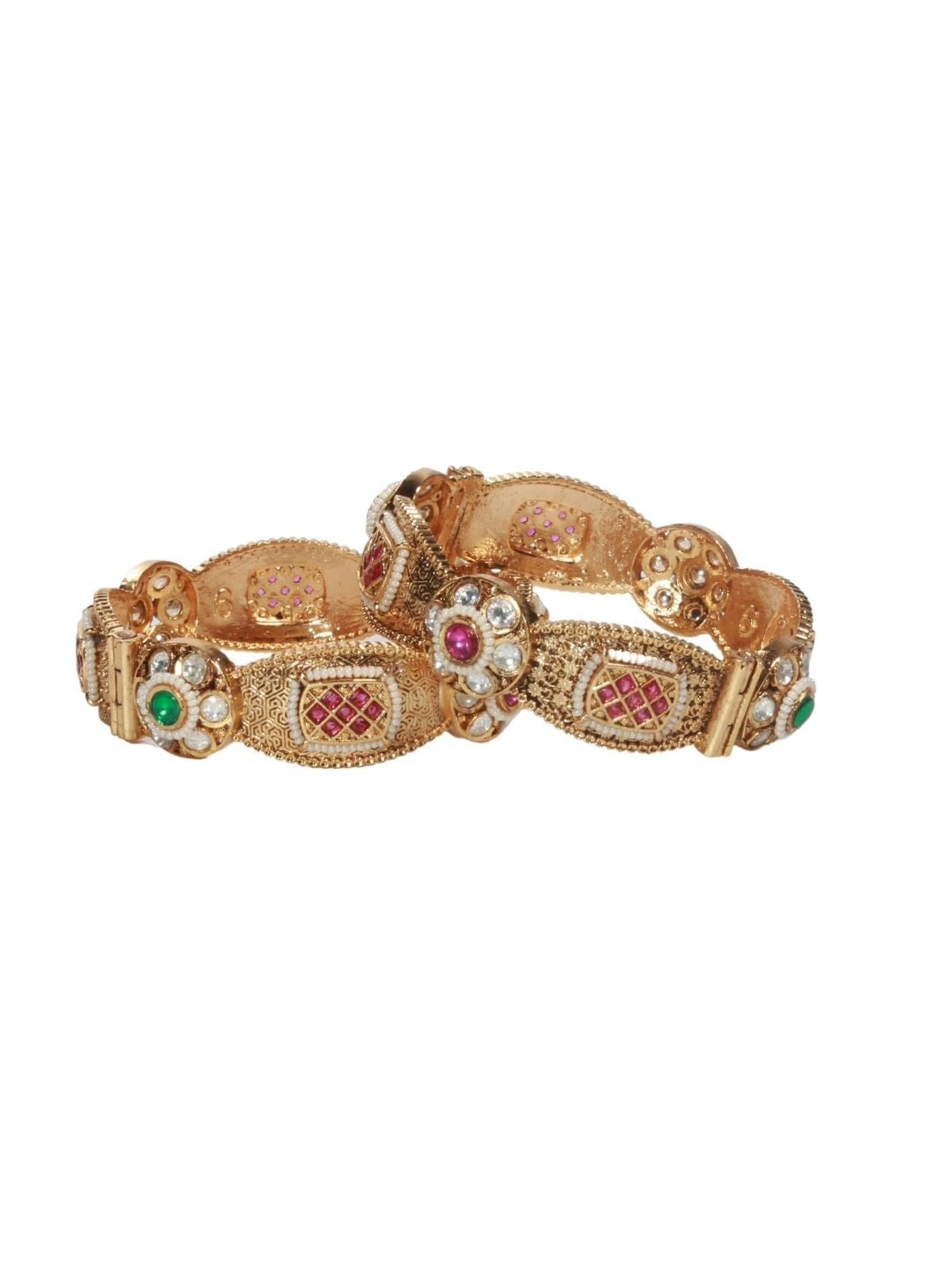 Majestic Rajwadi 22K Gold-Finish Bangles with Emerald & Ruby