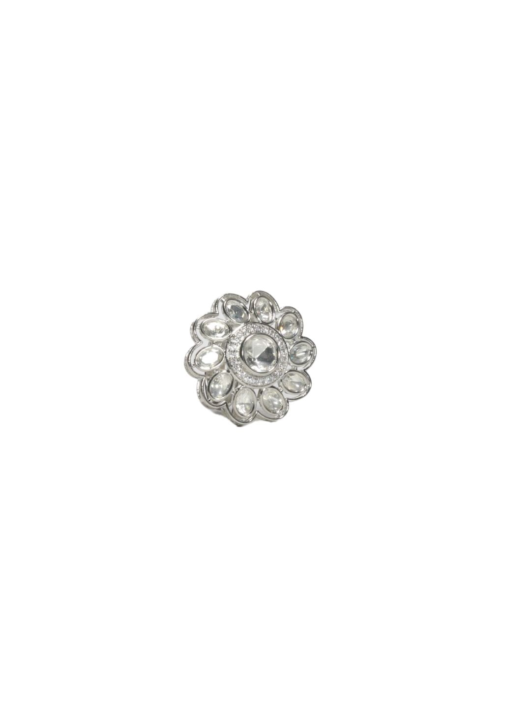 Elegant Polki Stone Ring with Rhodium Finish