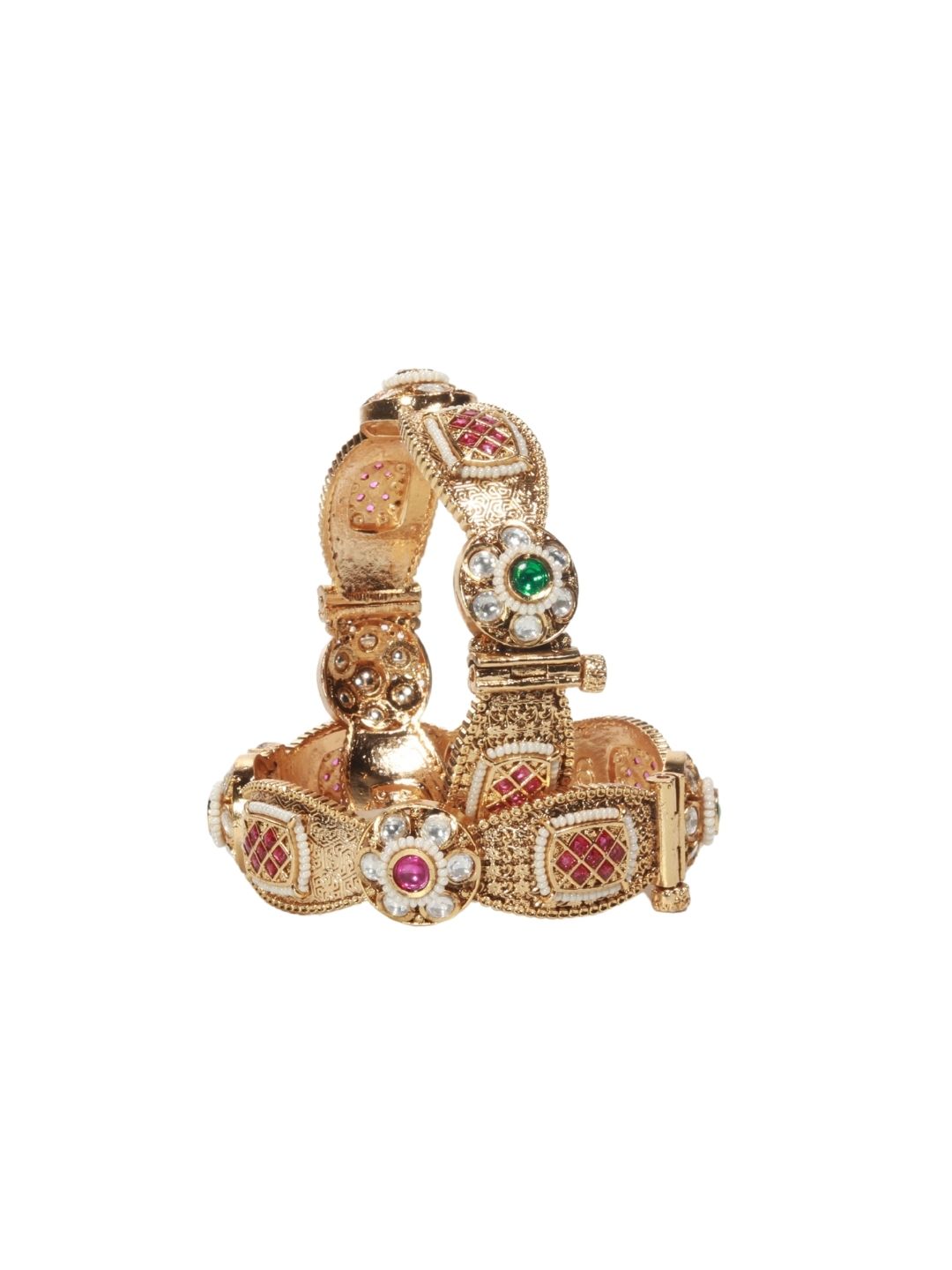 Majestic Rajwadi 22K Gold-Finish Bangles with Emerald & Ruby