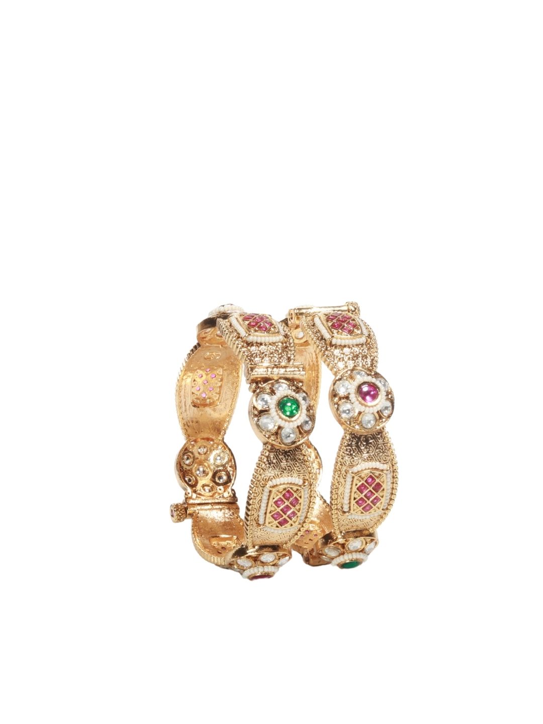 Majestic Rajwadi 22K Gold-Finish Bangles with Emerald & Ruby