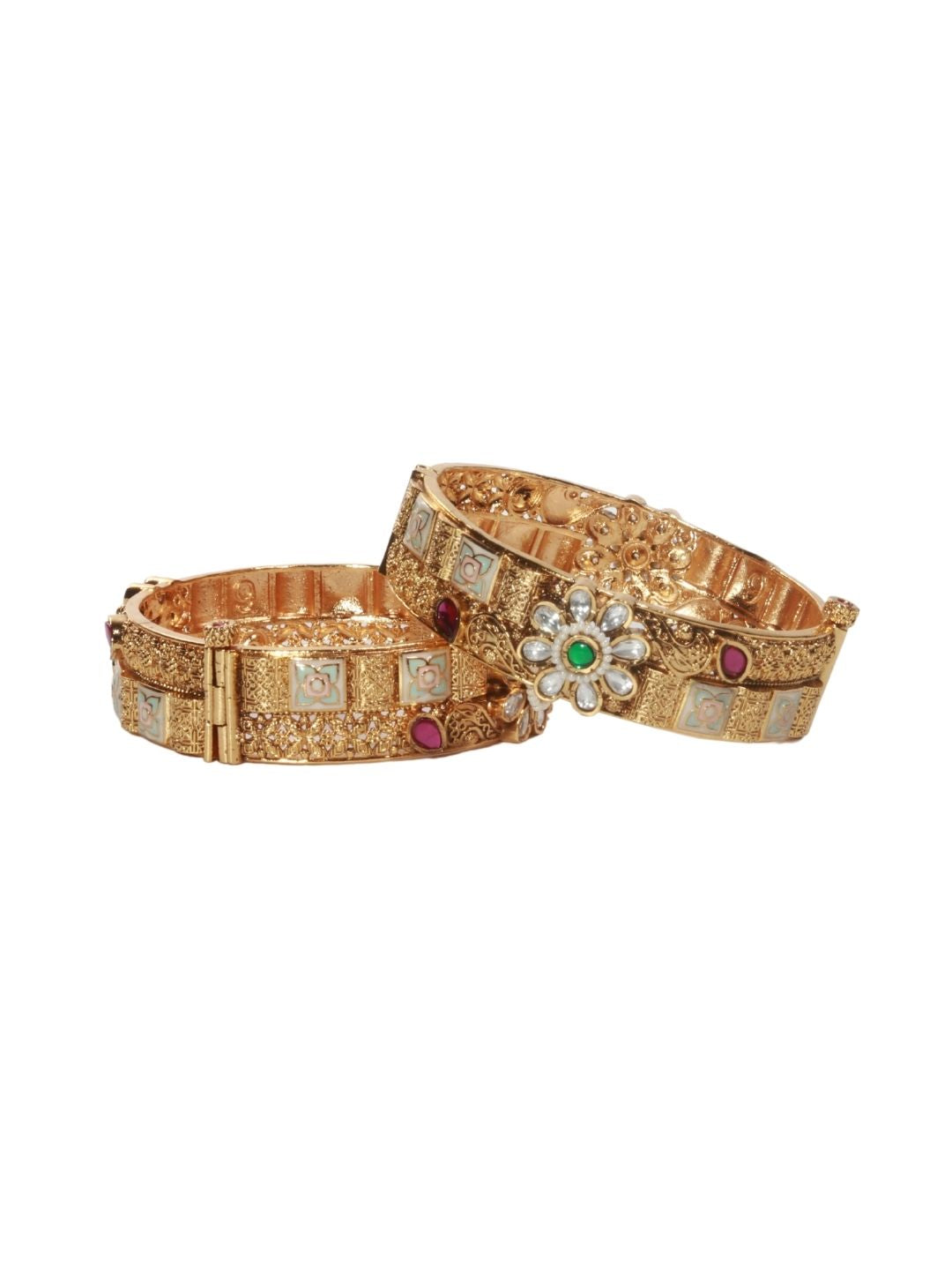 Rajwadi 22K Gold-Finish Bangles with Floral Emerald Stone