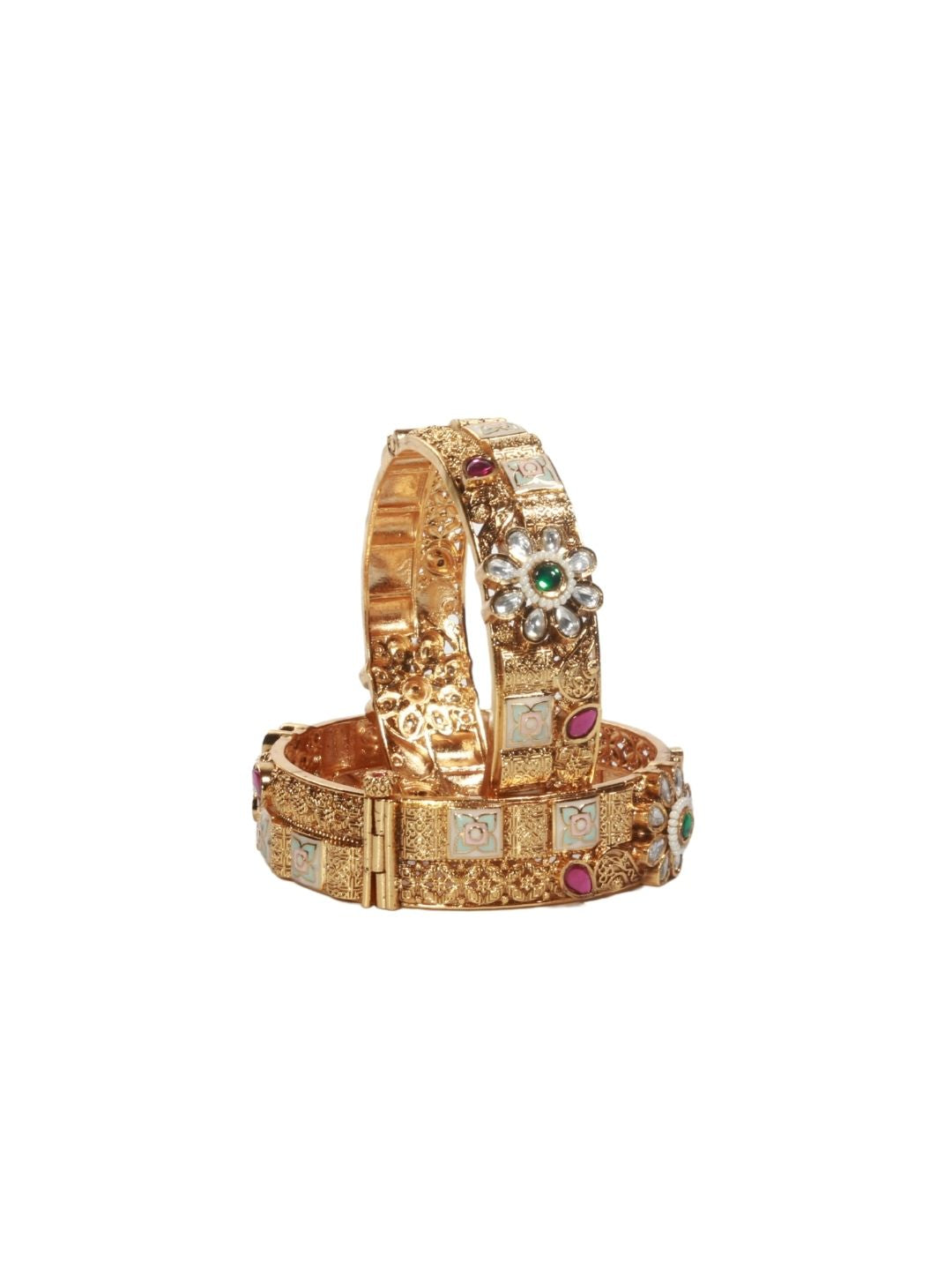 Rajwadi 22K Gold-Finish Bangles with Floral Emerald Stone