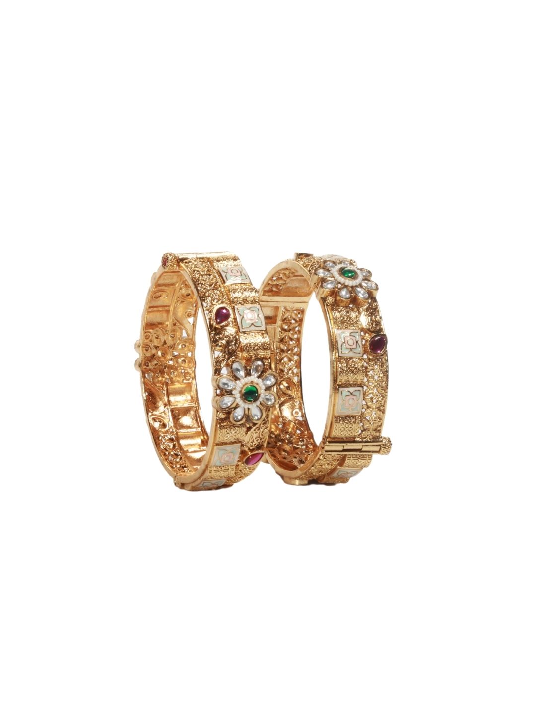 Rajwadi 22K Gold-Finish Bangles with Floral Emerald Stone