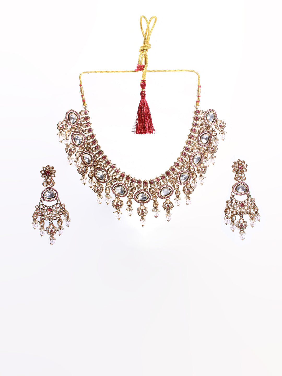 Royal Gold Finish Polki Kundan Necklace Set with Chand Earrings