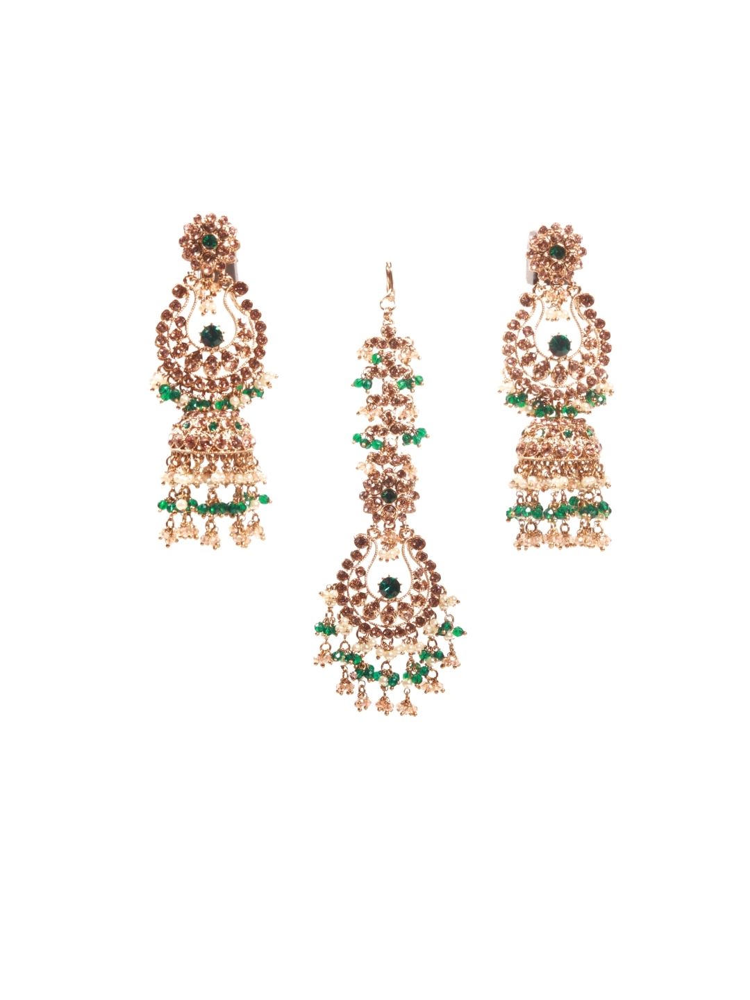 Regal Emerald Chandbali Earrings & Maang Tikka Set with Pearl Droplets