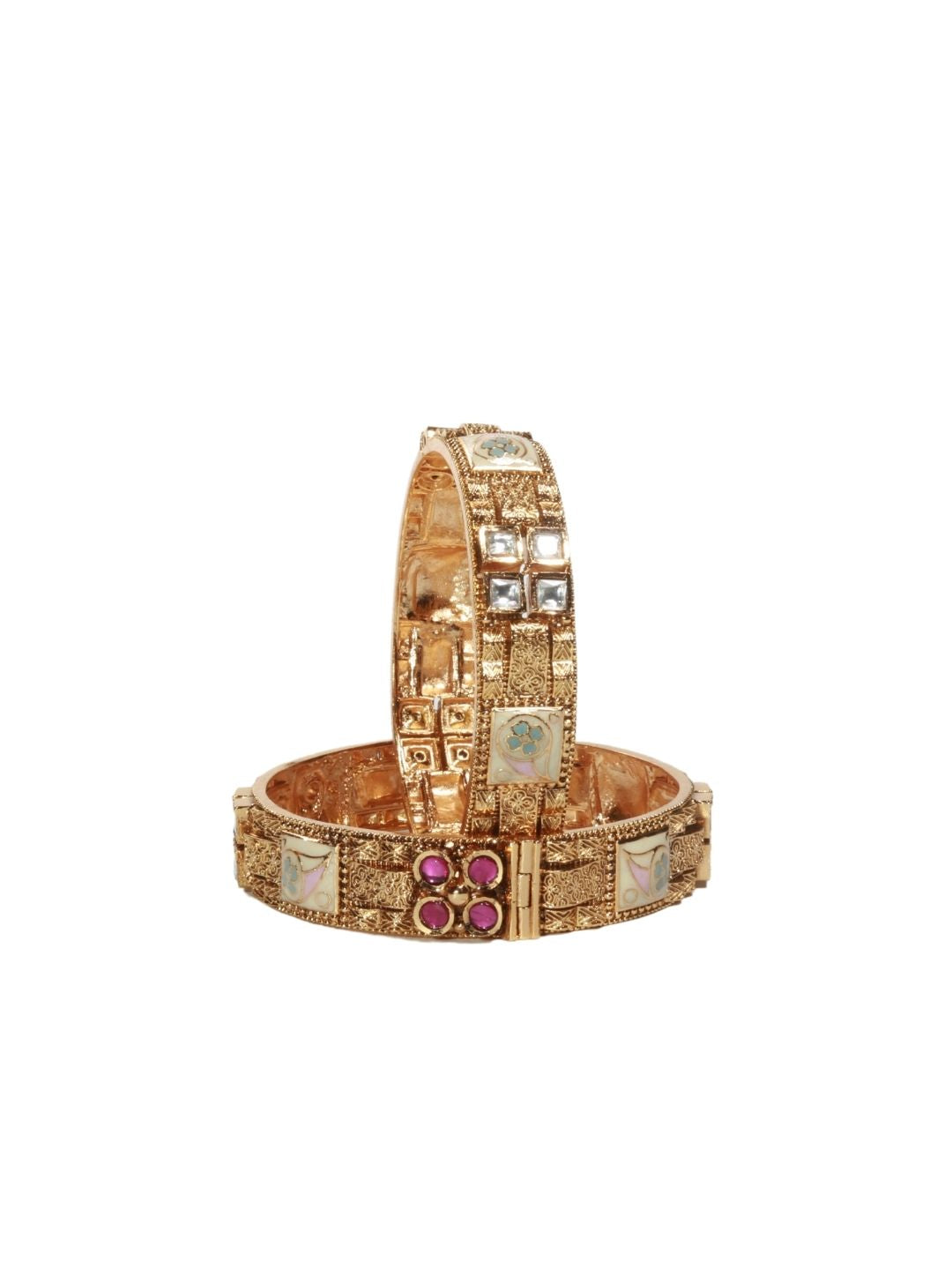 Rajwadi 22K Gold-Finish Bangles with Floral Emerald Stone