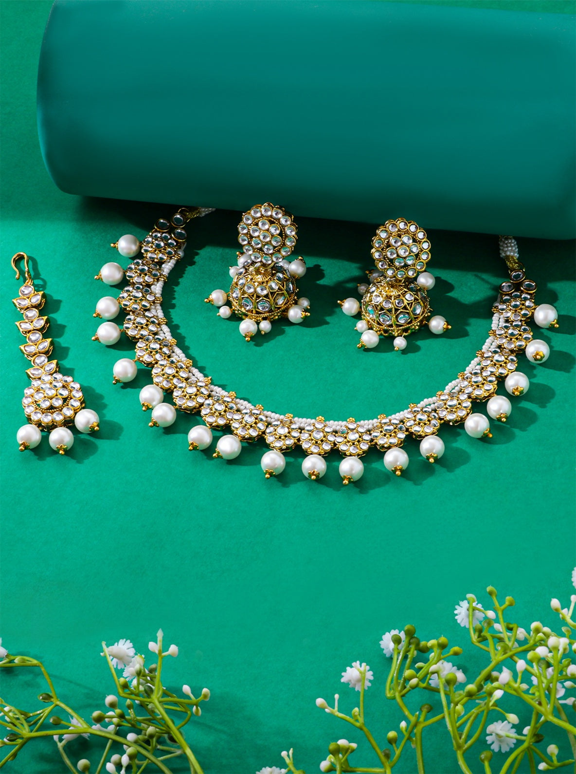 Itrani Golden Kundan Pearl Bridal Necklace Set – Elegant Anti-Tarnish