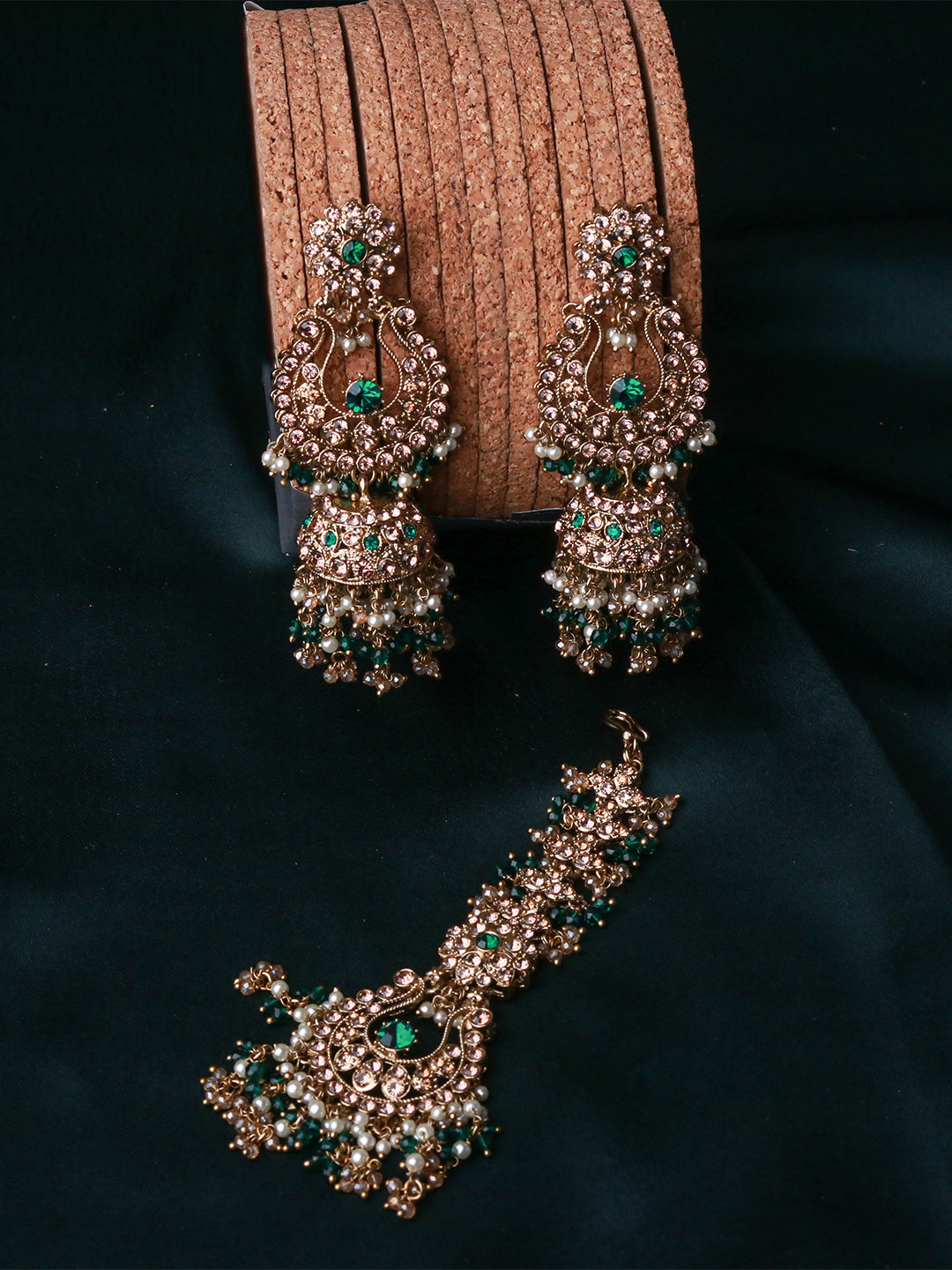 Regal Emerald Chandbali Earrings & Maang Tikka Set with Pearl Droplets