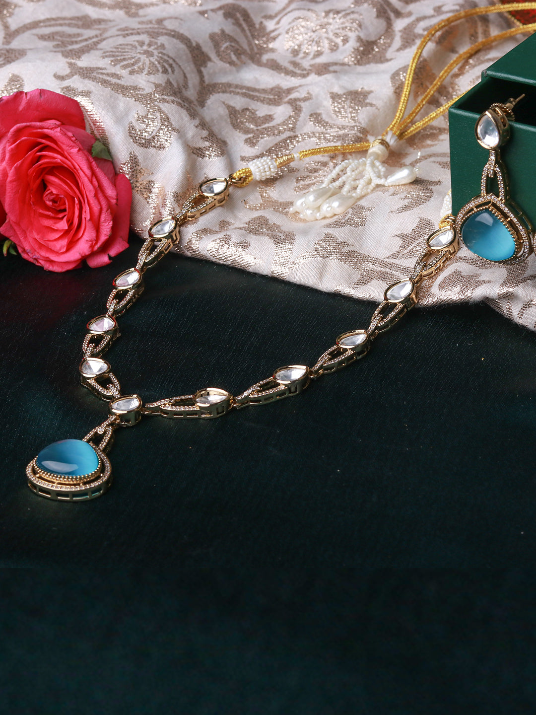 Elegant Mehendi Finish Brass Necklace Set with Polki and Monalisa Stones