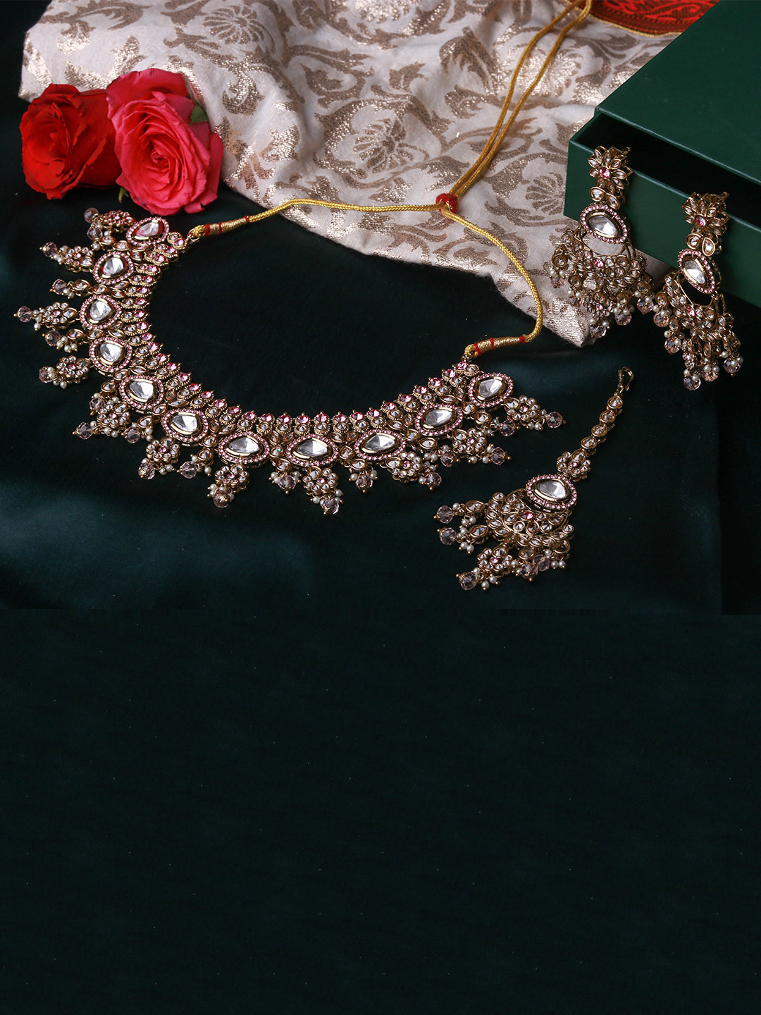 Royal Gold Finish Polki Kundan Necklace Set with Chand Earrings