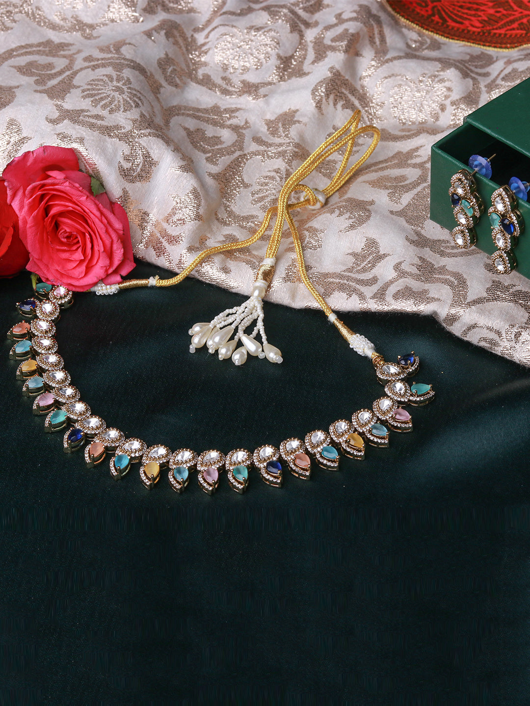 Antique Mehendi-Finish Polki & Monalisa Stone Necklace Set