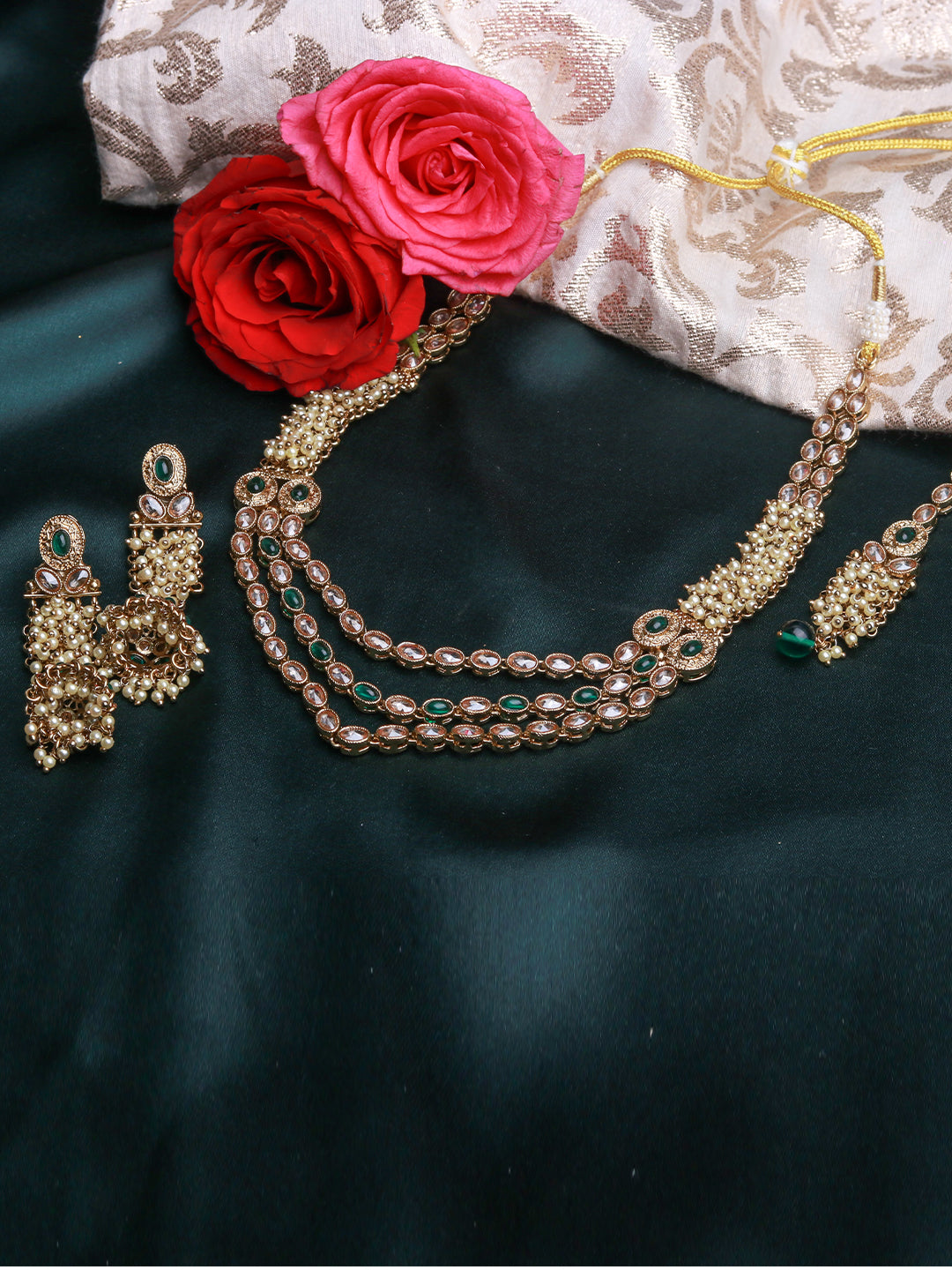 Regal Antique Mehendi Finish AD Stone Necklace Set