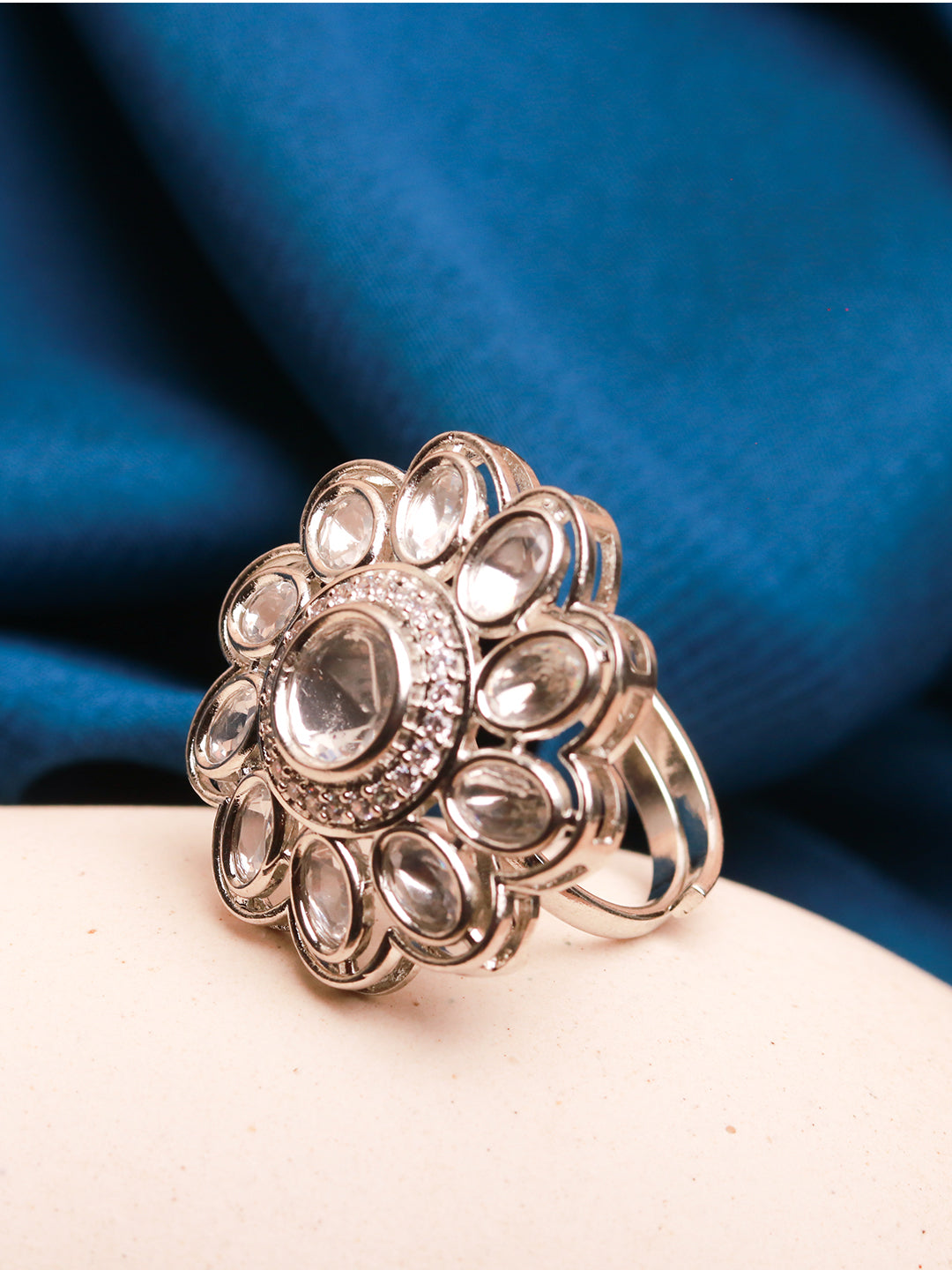 Elegant Polki Stone Ring with Rhodium Finish