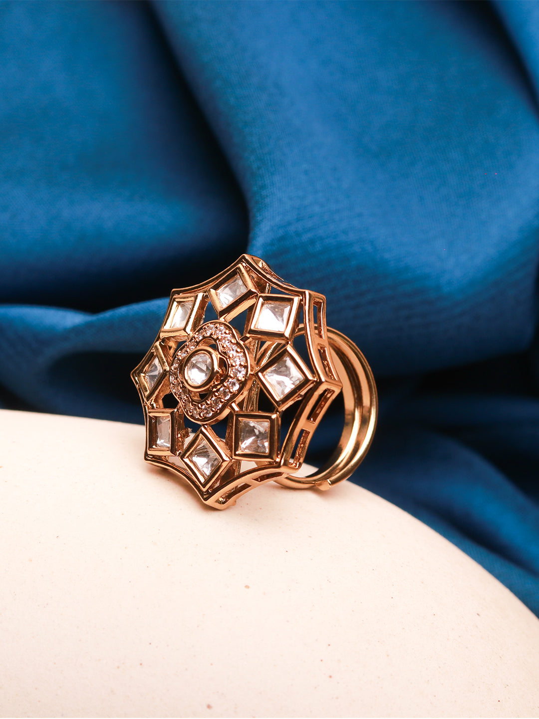 Polki Flower Ring with American Diamond Centre
