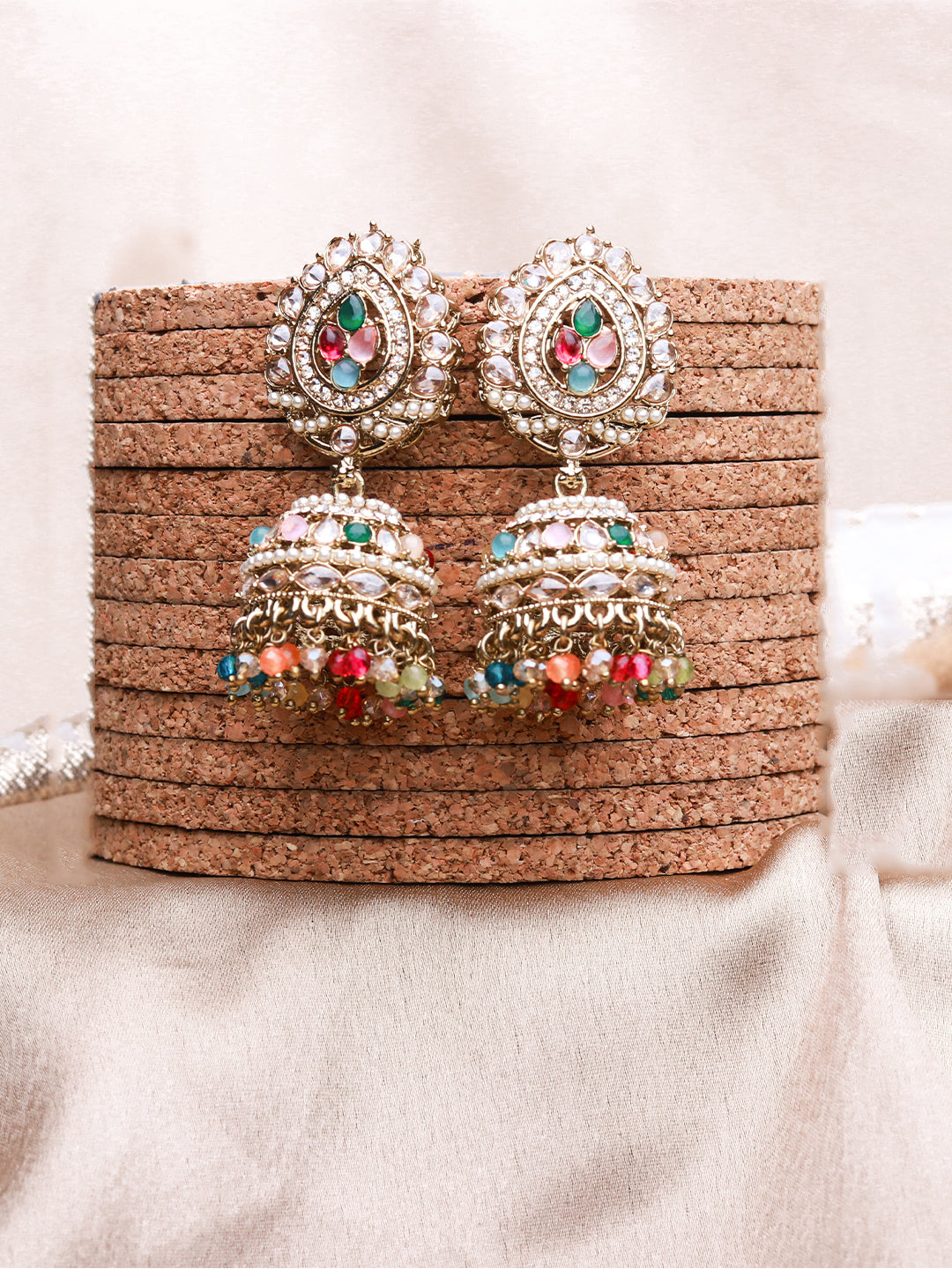 Monalisa Stone Multicolor Lariya Beads Jhumka Earrings