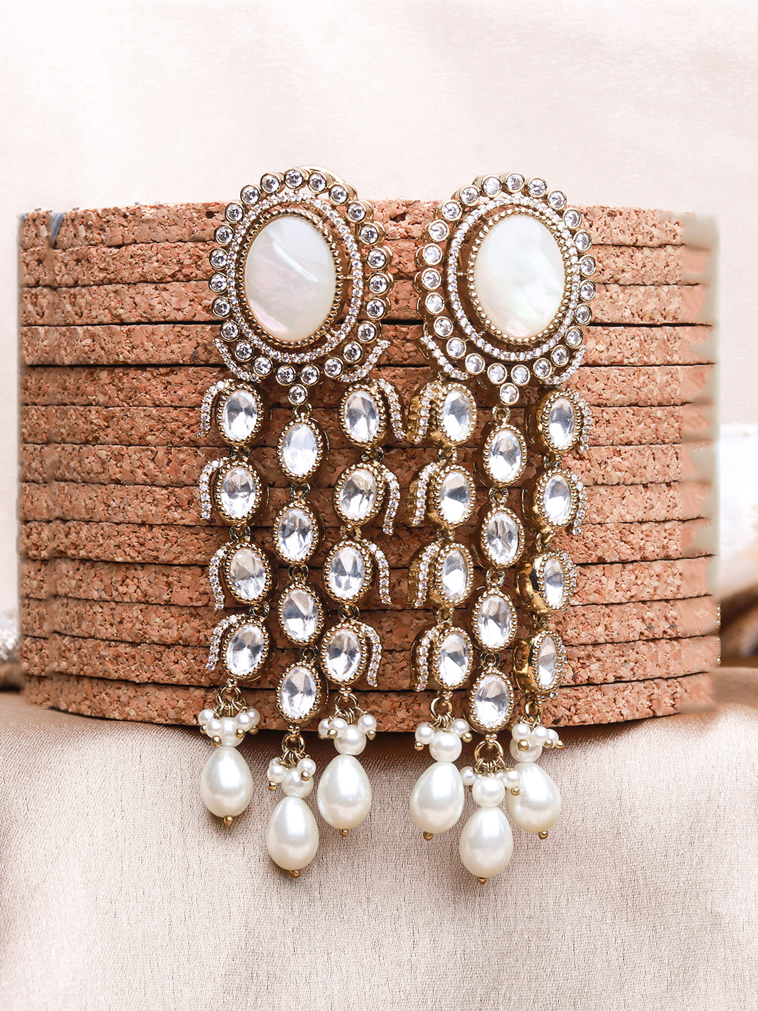 Regal Polki Pearl Dangler Earrings in Antique Mehendi Finish