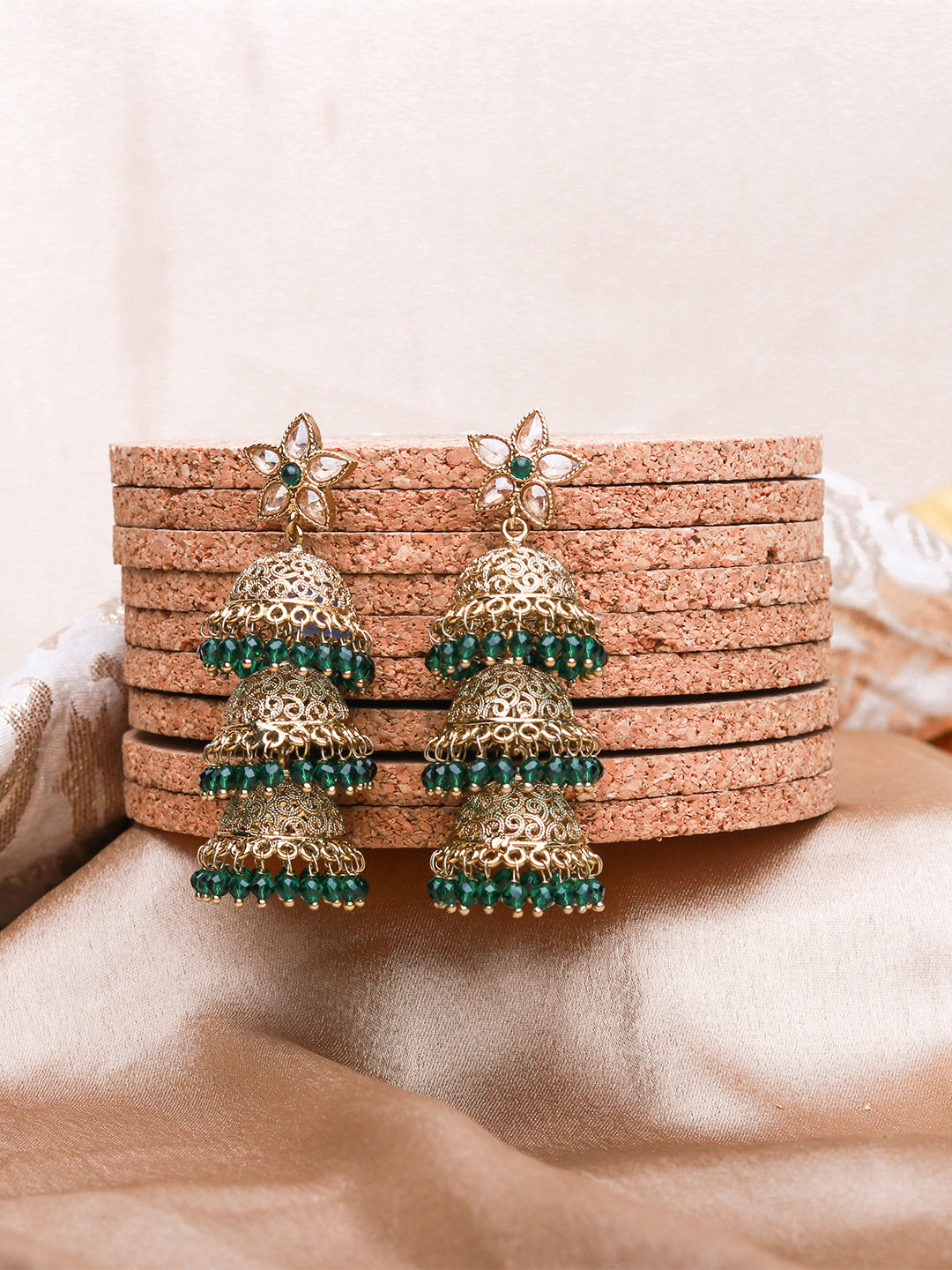 Green Lariya 3-Step Layered Jhumka Earrings