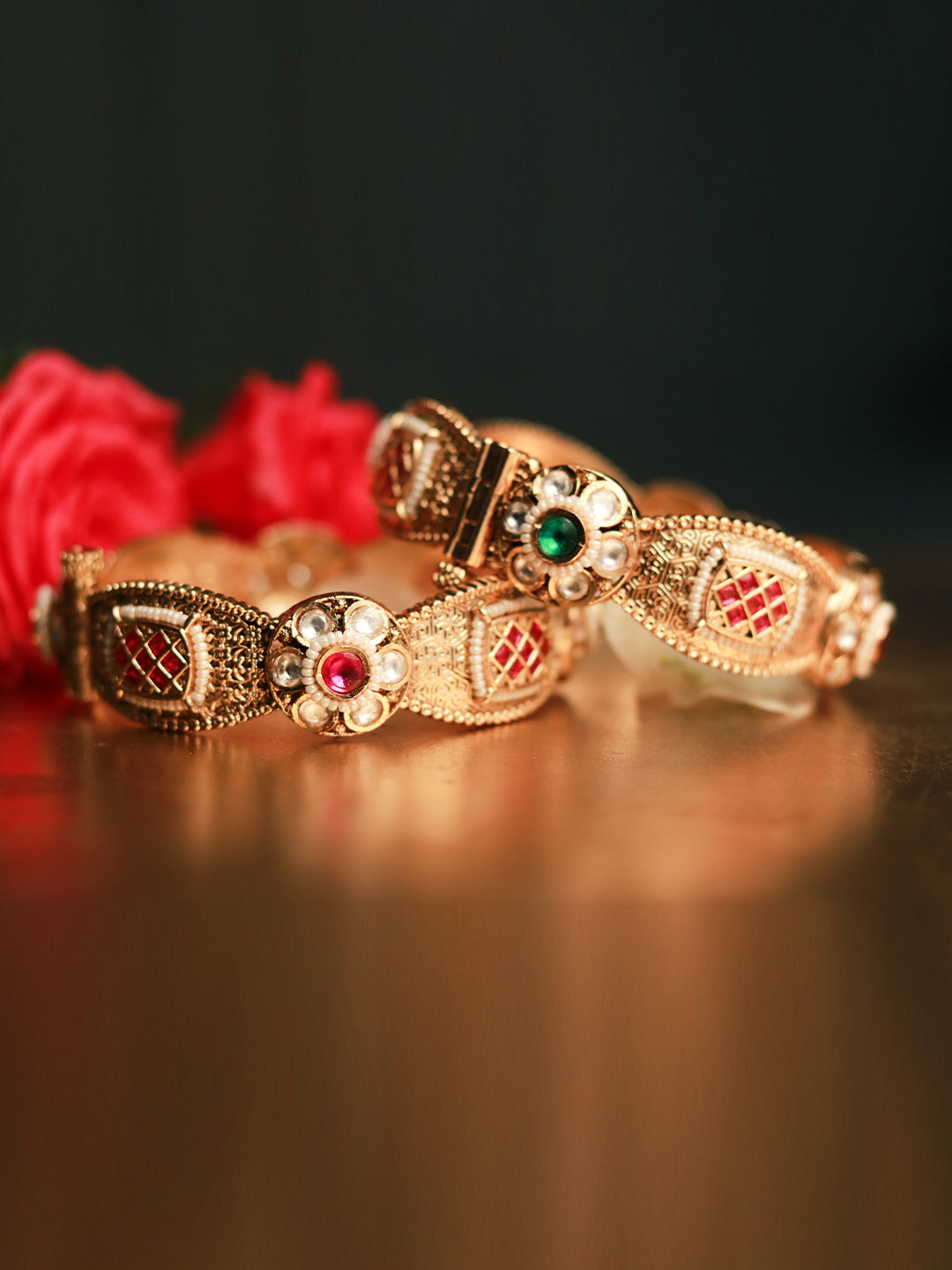 Majestic Rajwadi 22K Gold-Finish Bangles with Emerald & Ruby