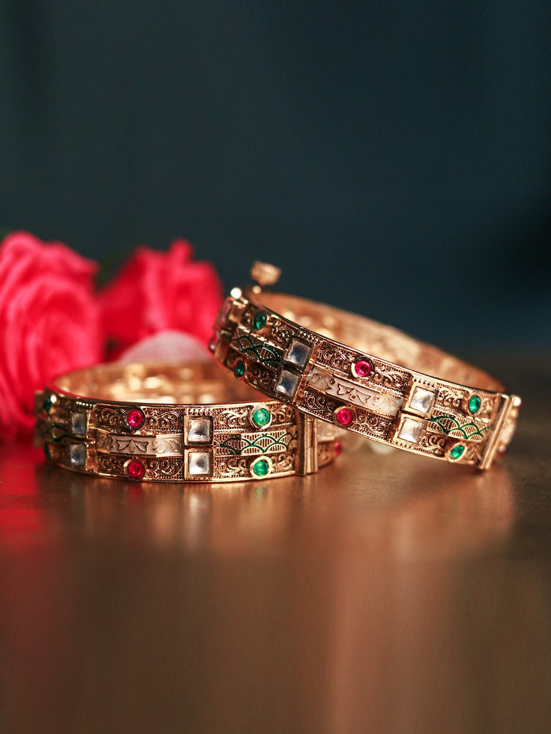 Royal Rajwadi 22K Gold-Finish Bangles with Emerald & Ruby stone