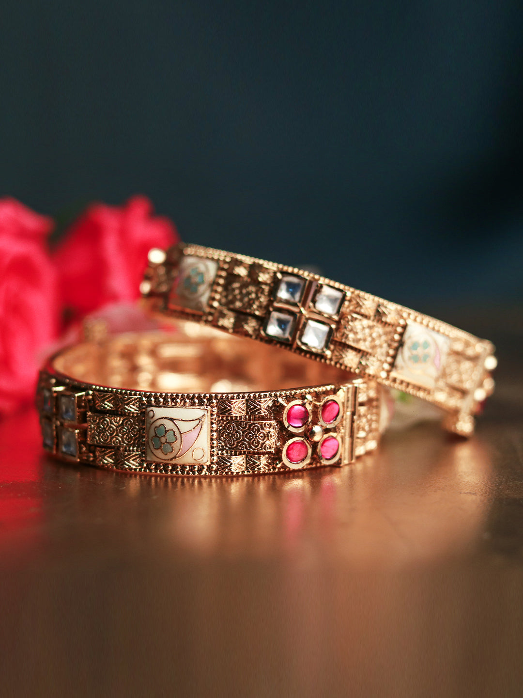 Rajwadi 22K Gold-Finish Bangles with Floral Emerald Stone