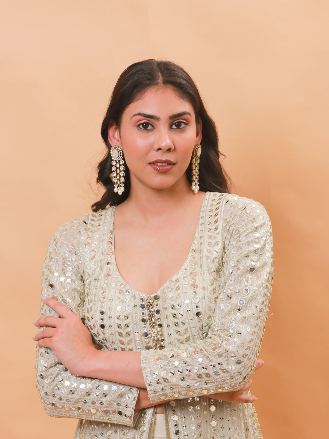 Regal Polki Pearl Dangler Earrings in Antique Mehendi Finish