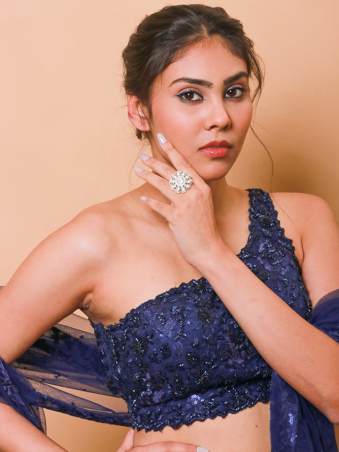 Elegant Polki Stone Ring with Rhodium Finish