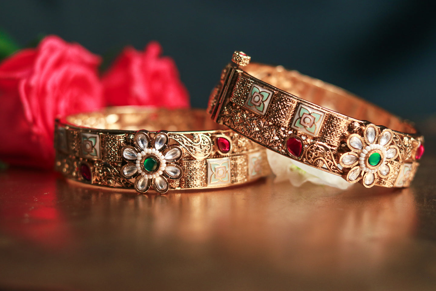 Rajwadi 22K Gold-Finish Bangles with Floral Emerald Stone