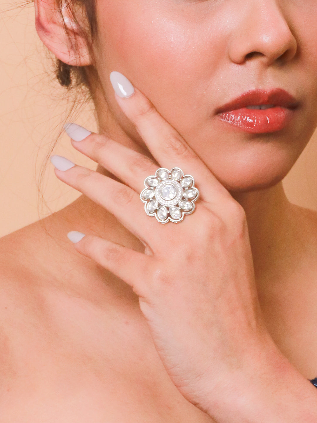 Elegant Polki Stone Ring with Rhodium Finish