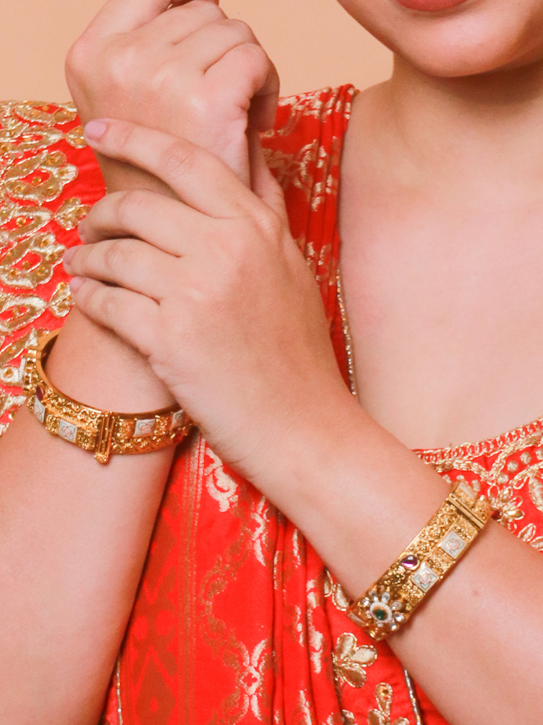 Rajwadi 22K Gold-Finish Bangles with Floral Emerald Stone