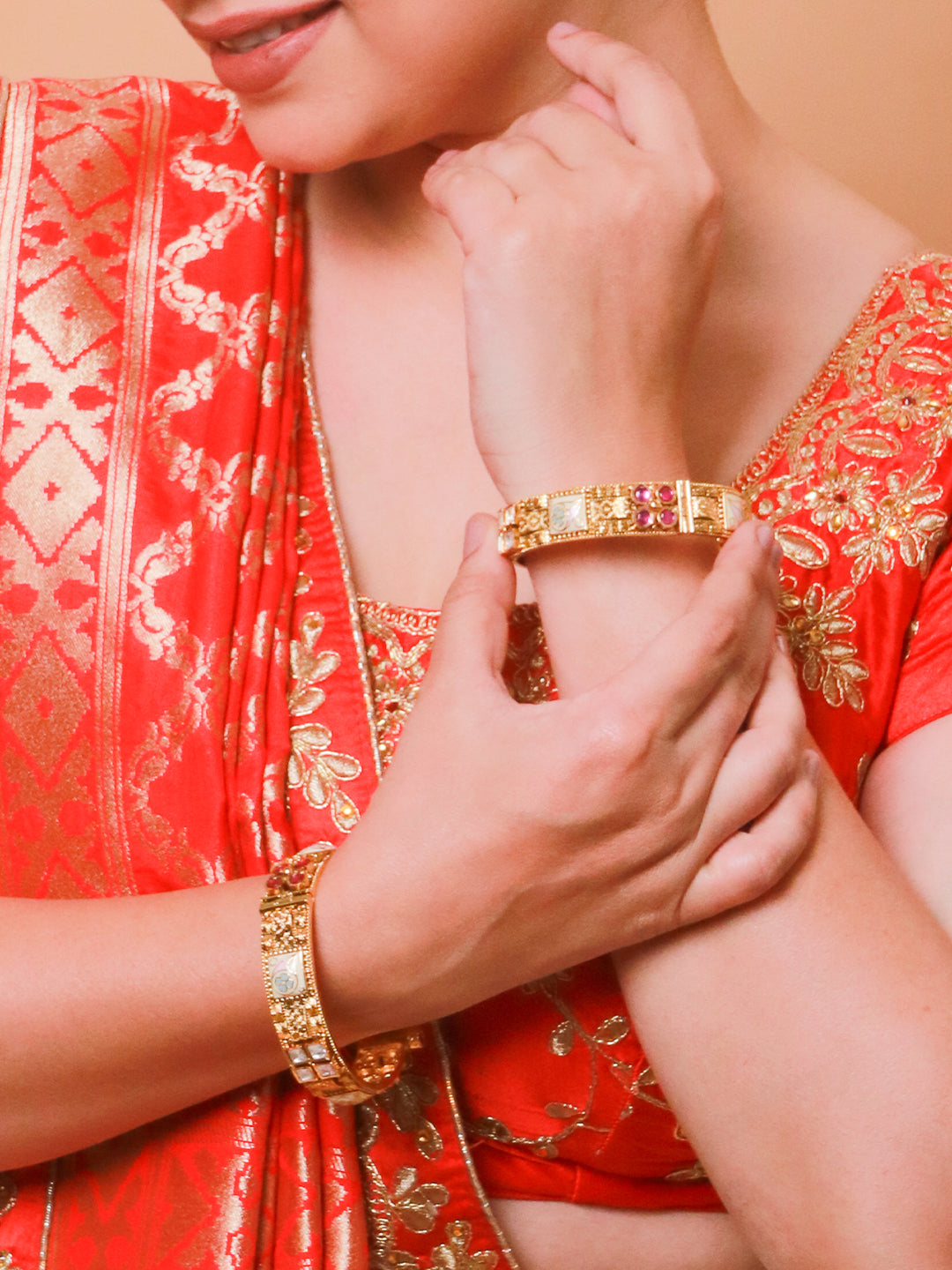 Rajwadi 22K Gold-Finish Bangles with Floral Emerald Stone