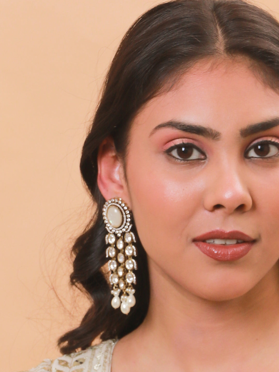 Regal Polki Pearl Dangler Earrings in Antique Mehendi Finish