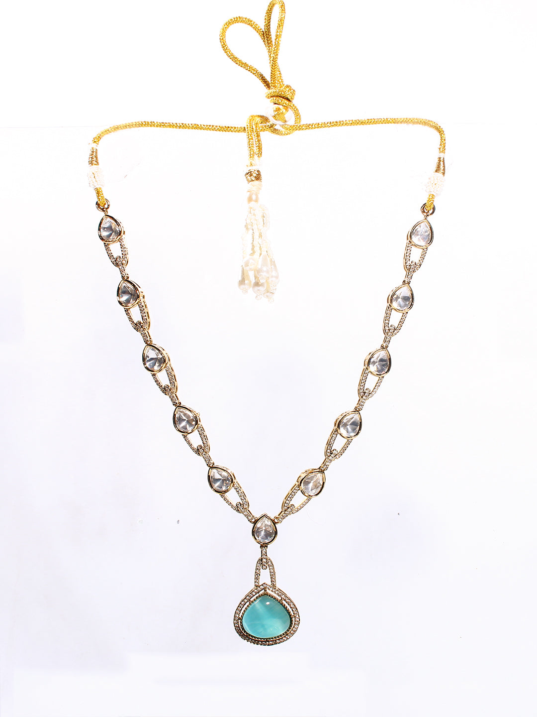 Elegant Mehendi Finish Brass Necklace Set with Polki and Monalisa Stones
